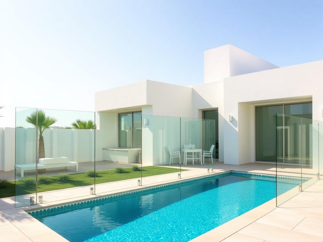 Frameless glass pool fence at a Dubai villa