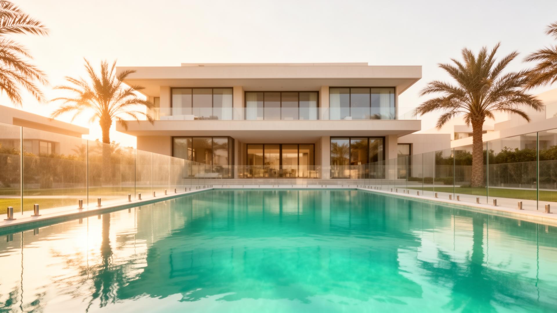 Luxury Dubai villa pool with discreet safety fencing